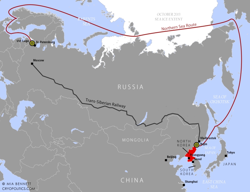 The voyage taken by the HHL Hong Kong from Ust-Luga, Russia to Rajin, North Korea in 2013.