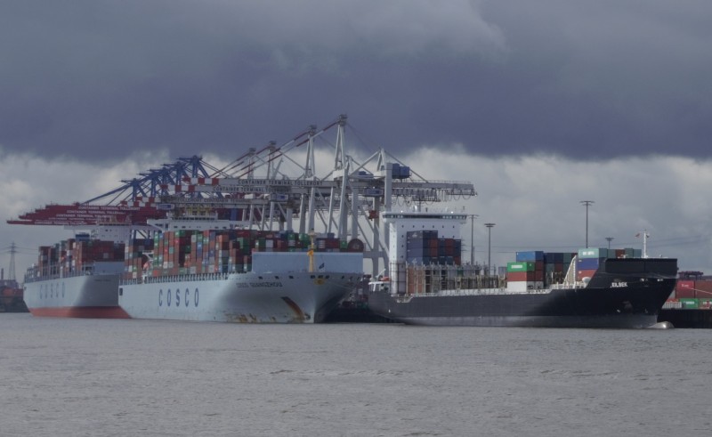 Two COSCO ships being unloaded at the Port of Hamburg. © Mia Bennett 2014.