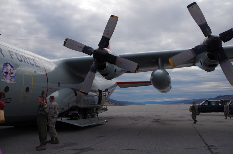 Our C-130 arrives in Kangerlussuaq, Greenland. © Mia Bennett, August 2014.
