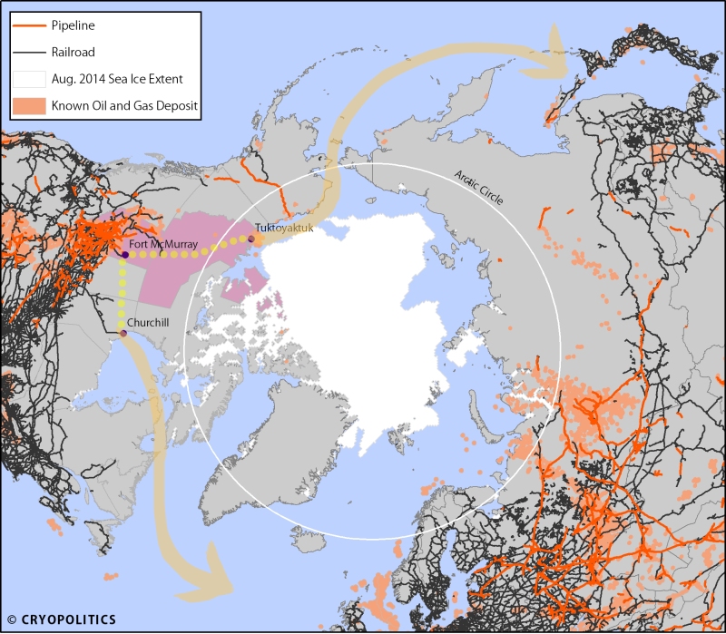 A map of pipelines and railroads. Note the lack of either infrastructure in the Arctic.