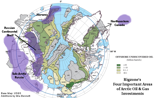 Map of the four areas Rigzone identifies as important areas of Arctic oil and gas investment. Norway, Russian Arctic shelf, sub-Arctic Russia, and northeastern Canada.