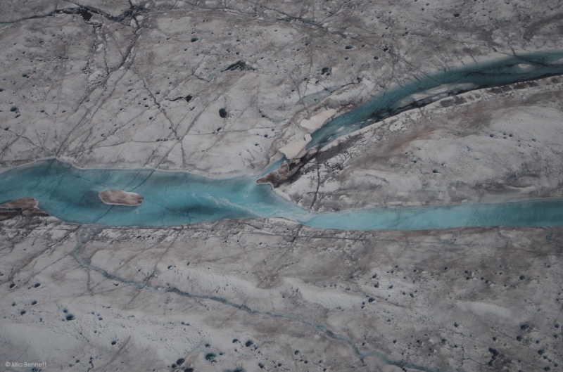 A supraglacial river in Greenland with cryoconites (the black holes) on both sides. © Mia Bennett, August 2014.
