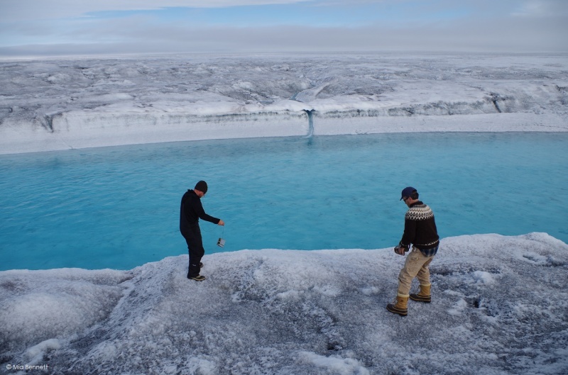 Throwing a level logger to measure temperature and pressure into a supraglacial river, Greenland. August 2014.