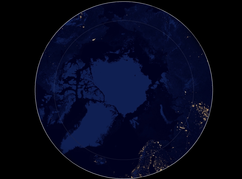Composite image of night lights in the Arctic, as imaged in April and October 2012 by SUOMI NPP's Day/Night Band. Data downloaded from NASA Earth Observatory.