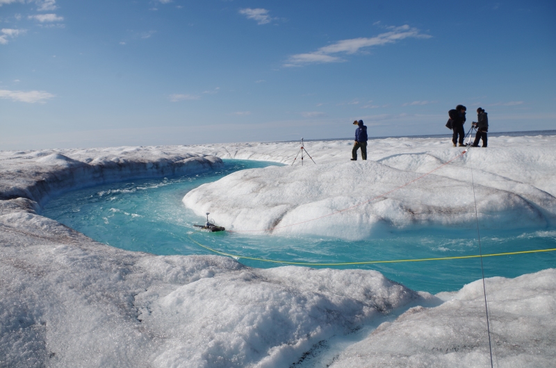 Measuring the rivers on top of the ice sheet. August 2014.