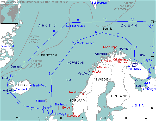 Map of routes taken by Allied Arctic convoys.